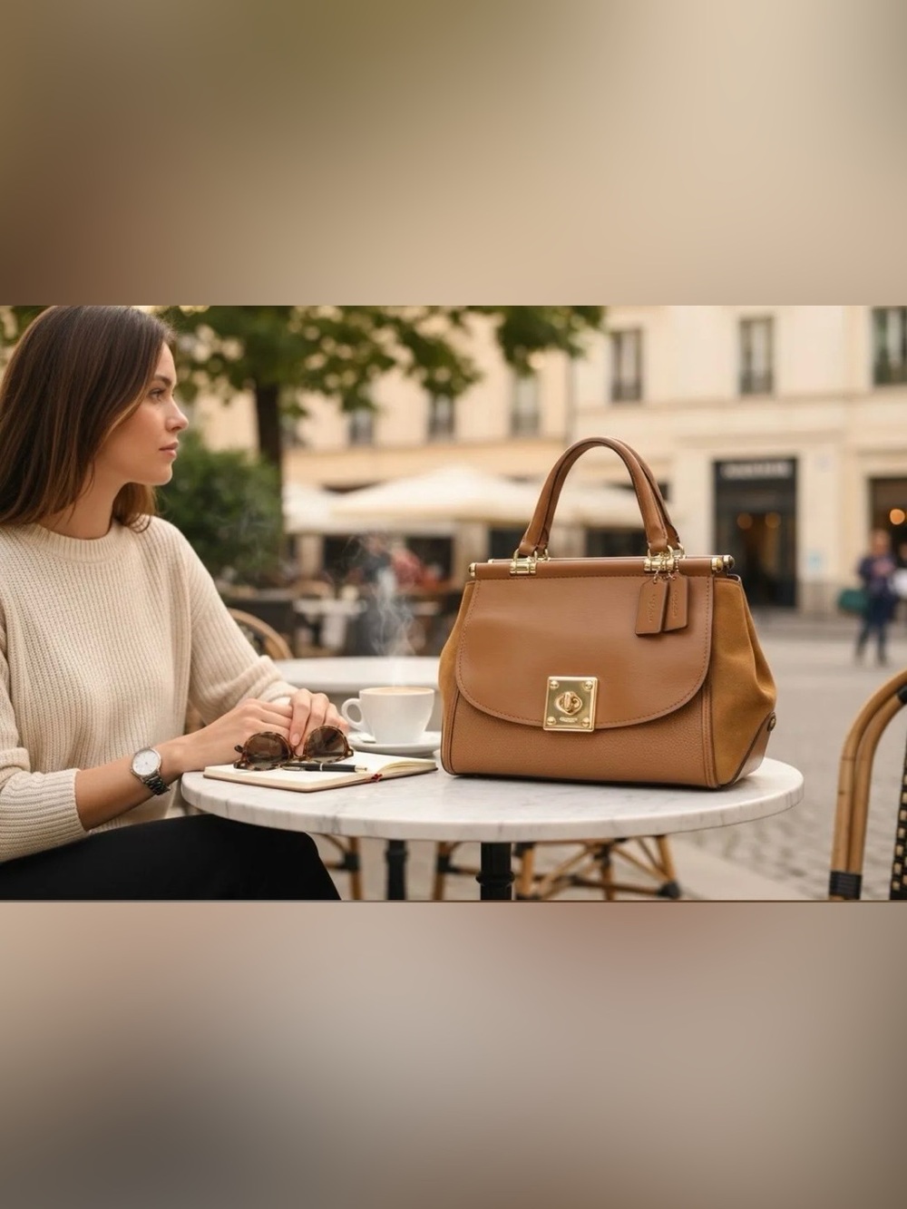 COACH DRIFTER LEATHER & SUEDE SATCHEL HANDBAG- Saddle & Camel- Turn Lock